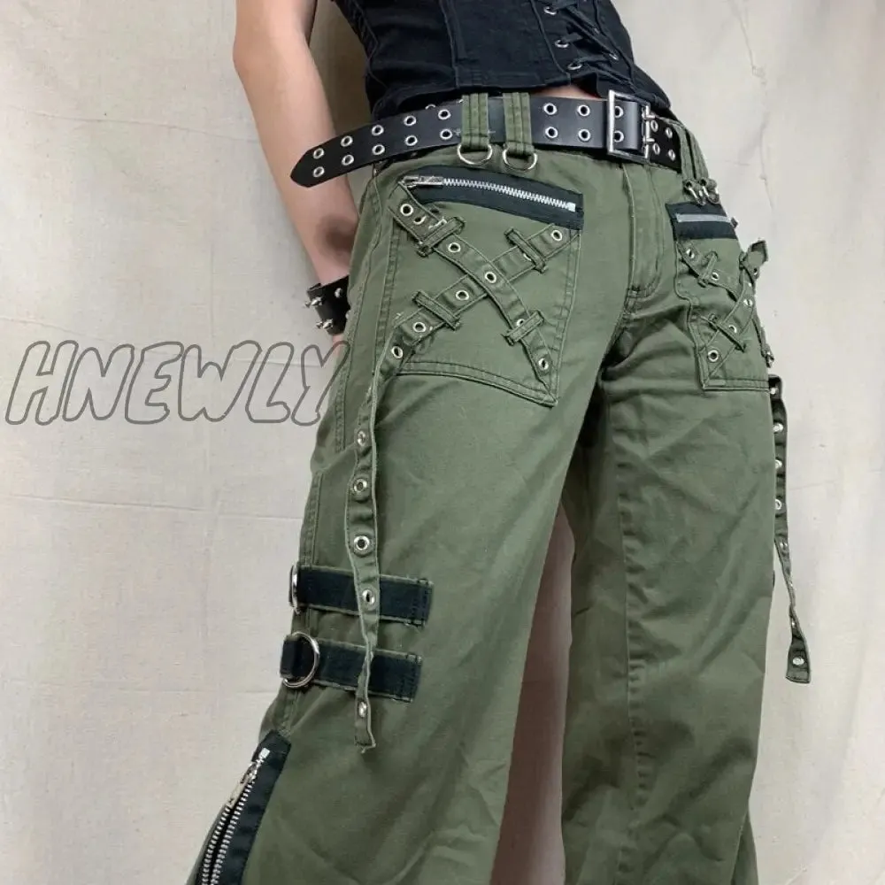 Hnewly Women's Pants Gothic Punk Baggy Vintage Kawaii Trousers Bandage Low Waist Cargo Pants Grunge Green Zipper Jeans Korea Sweatpants