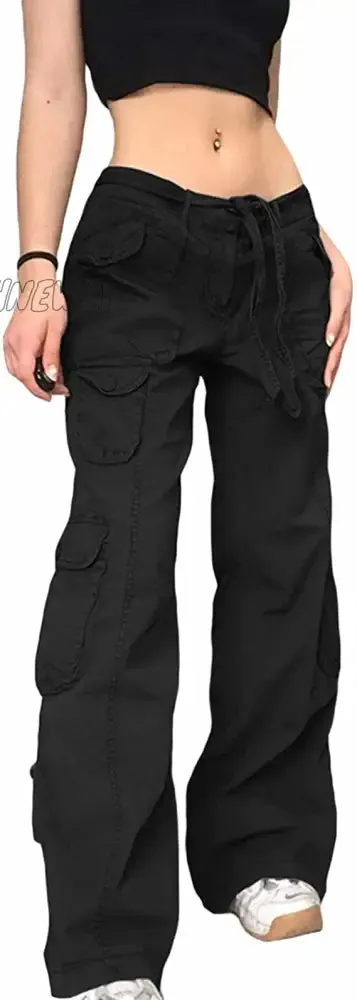 Hnewly Women's Pants Gothic Punk Baggy Vintage Kawaii Trousers Bandage Low Waist Cargo Pants Grunge Green Zipper Jeans Korea Sweatpants