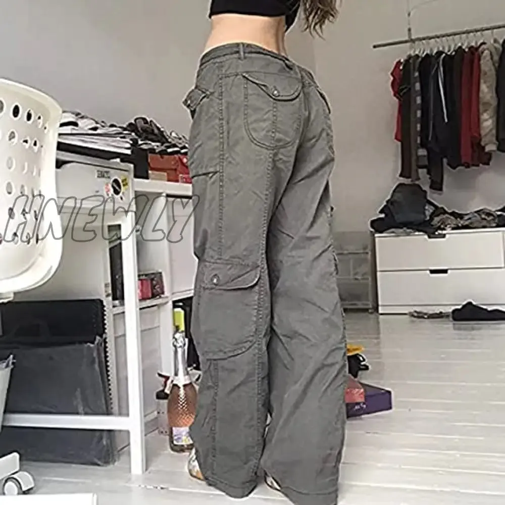 Hnewly Women's Pants Gothic Punk Baggy Vintage Kawaii Trousers Bandage Low Waist Cargo Pants Grunge Green Zipper Jeans Korea Sweatpants