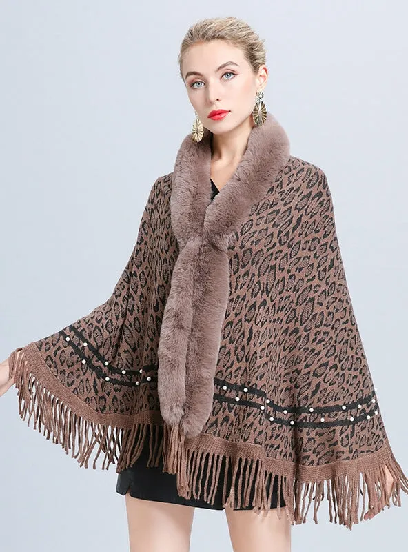 Imitation Fox Fur Collar Leopard Beaded Tassel Knitted Shawl