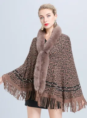 Imitation Fox Fur Collar Leopard Beaded Tassel Knitted Shawl