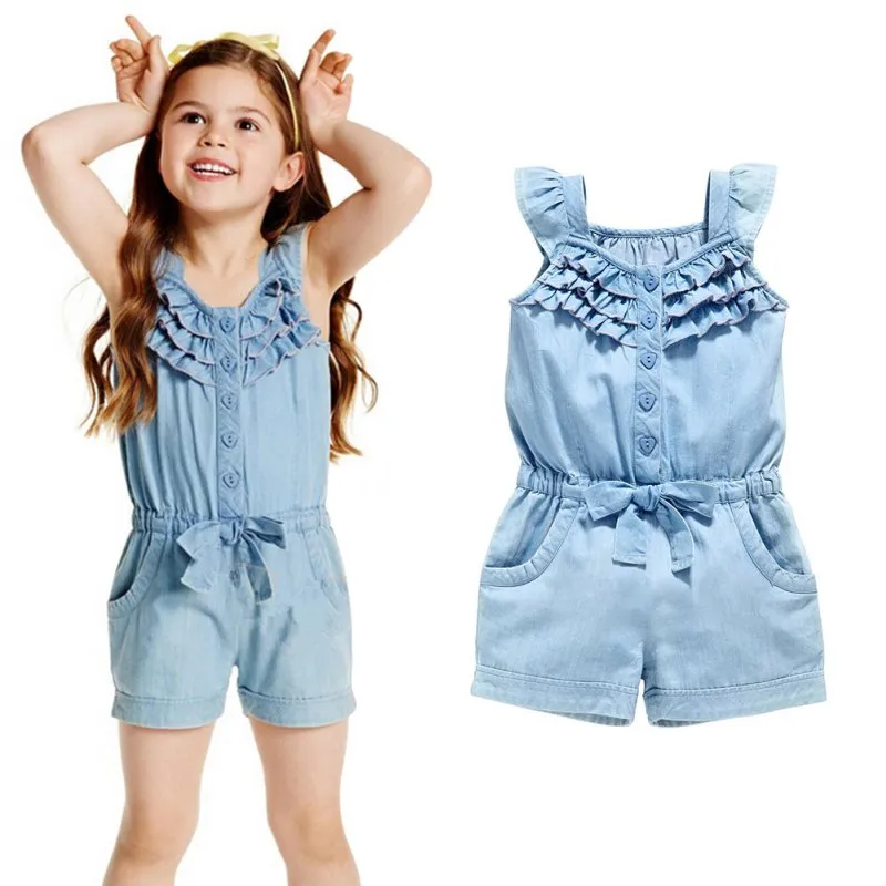 Kids Girls Denim Blue Cotton Romper