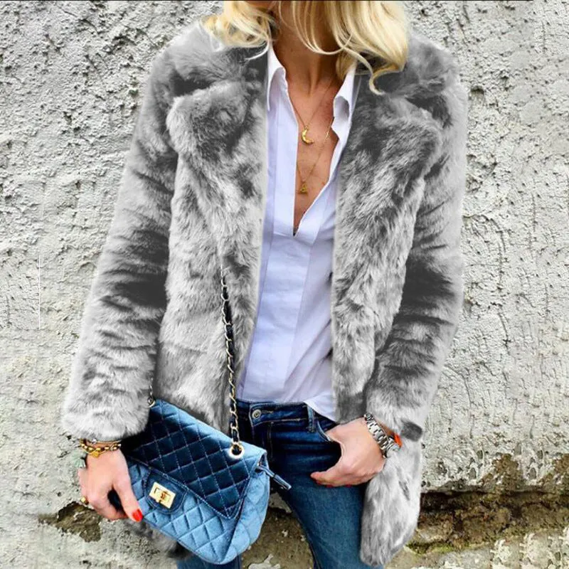 Lapel Collar Solid Color Faux Fur Women Long Teddy Coat