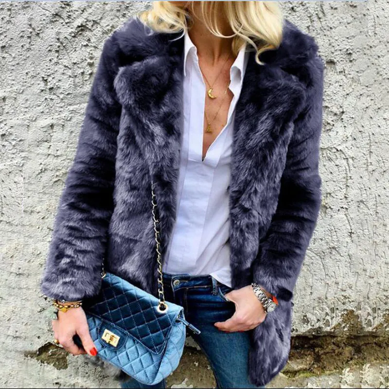 Lapel Collar Solid Color Faux Fur Women Long Teddy Coat