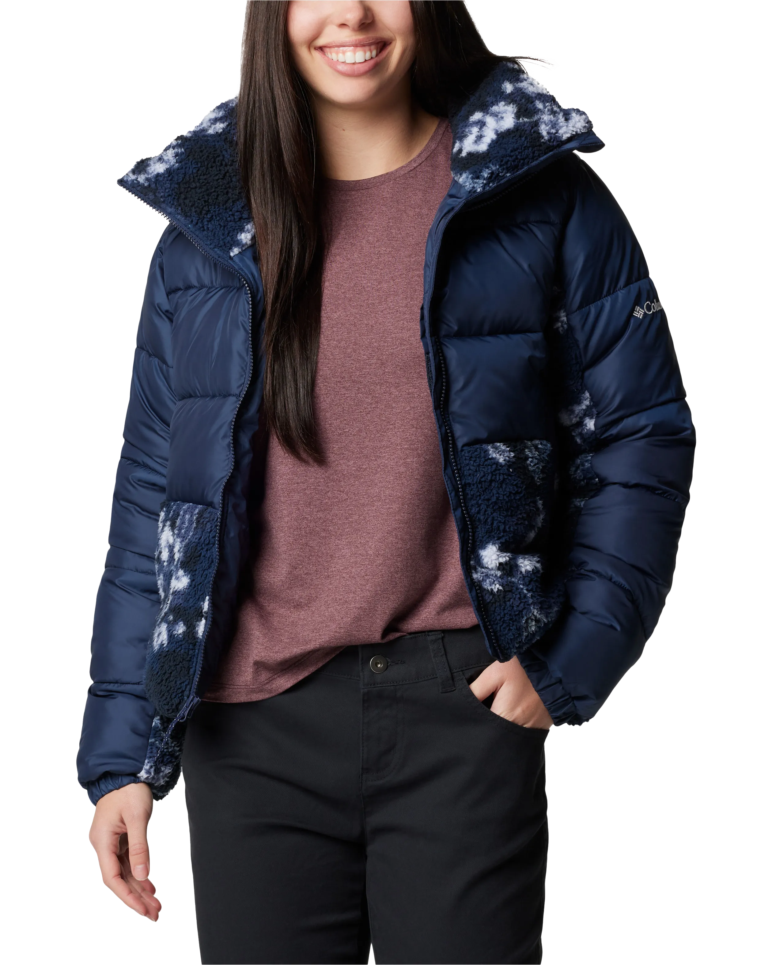 Leadbetter Point II Print Sherpa Hybrid Jacket in Collegiate Navy & Collegiate Navy Shadowvines