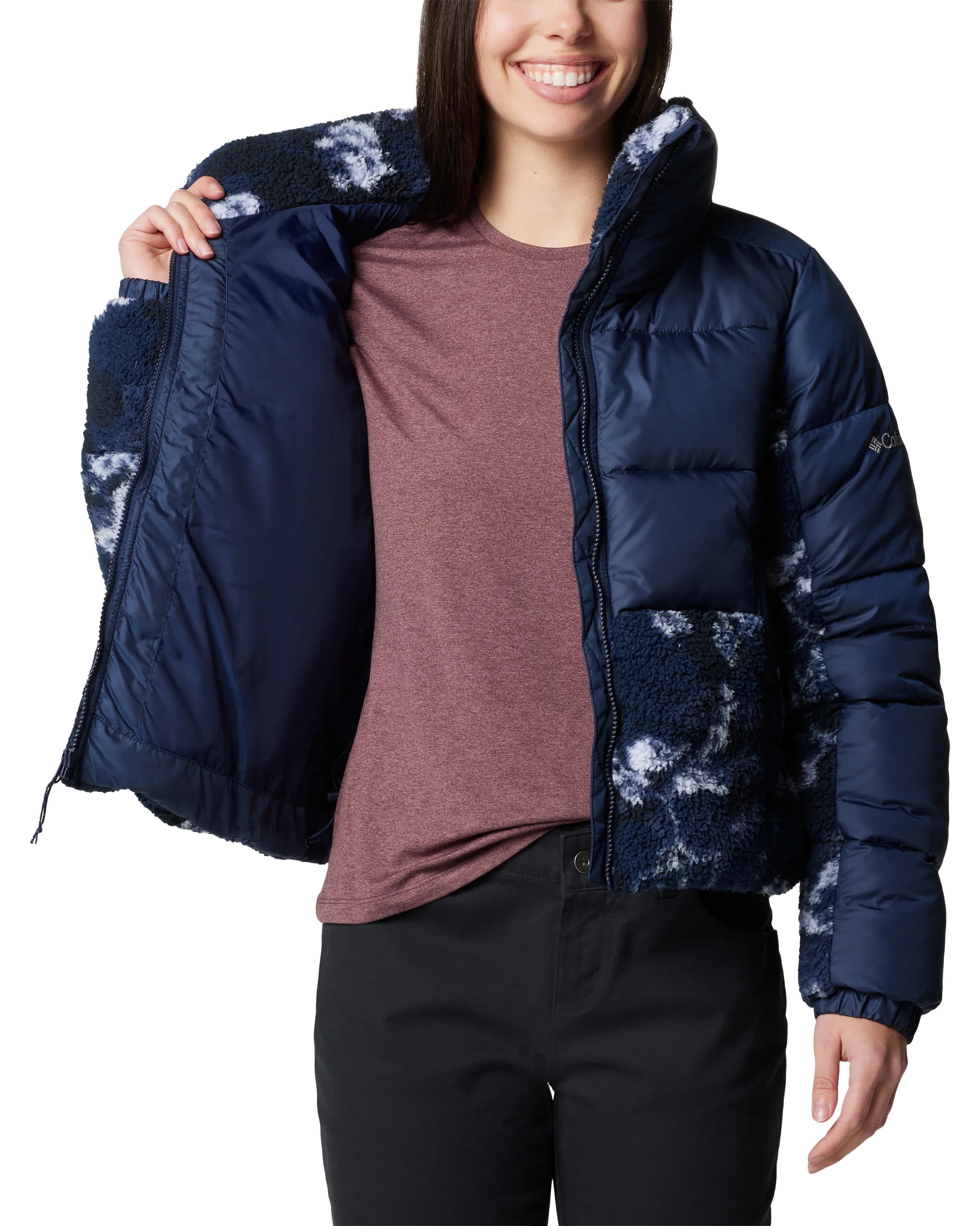 Leadbetter Point II Print Sherpa Hybrid Jacket in Collegiate Navy & Collegiate Navy Shadowvines