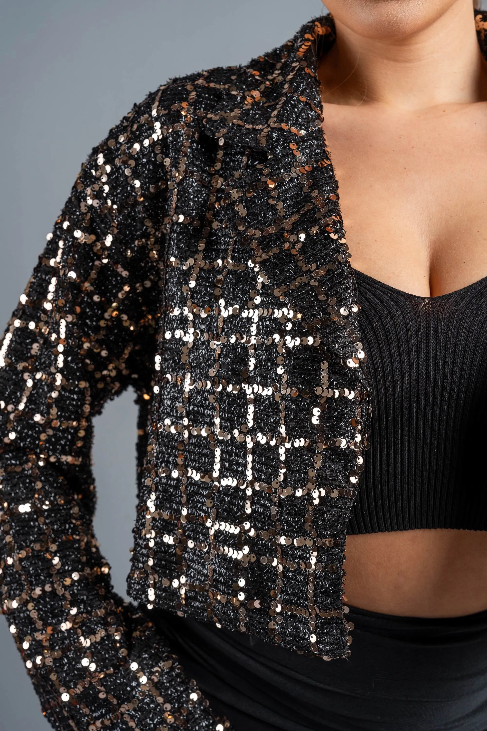 LUXE SEQUINS TWEED CROPPED BLAZER JACKET