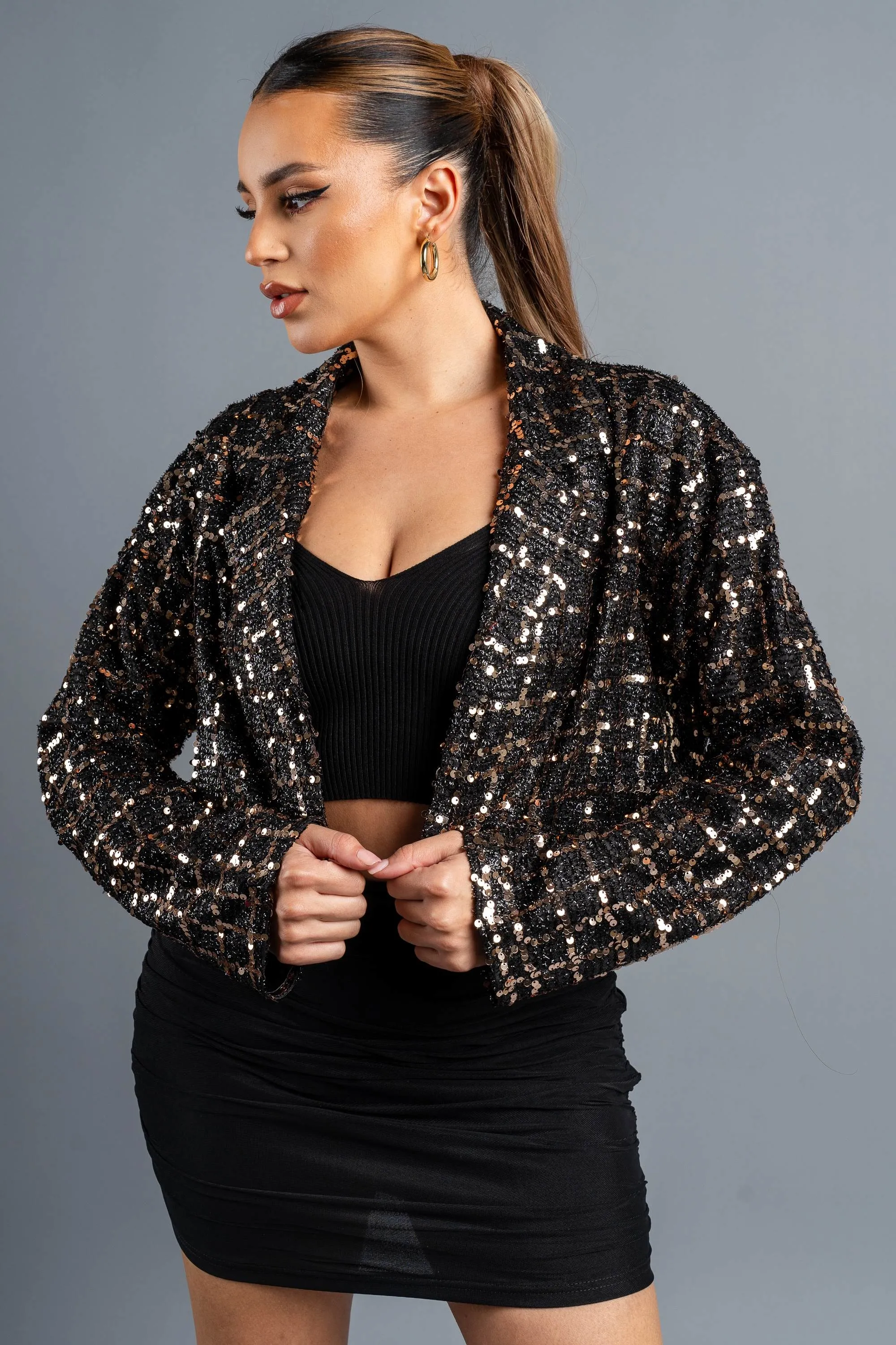 LUXE SEQUINS TWEED CROPPED BLAZER JACKET