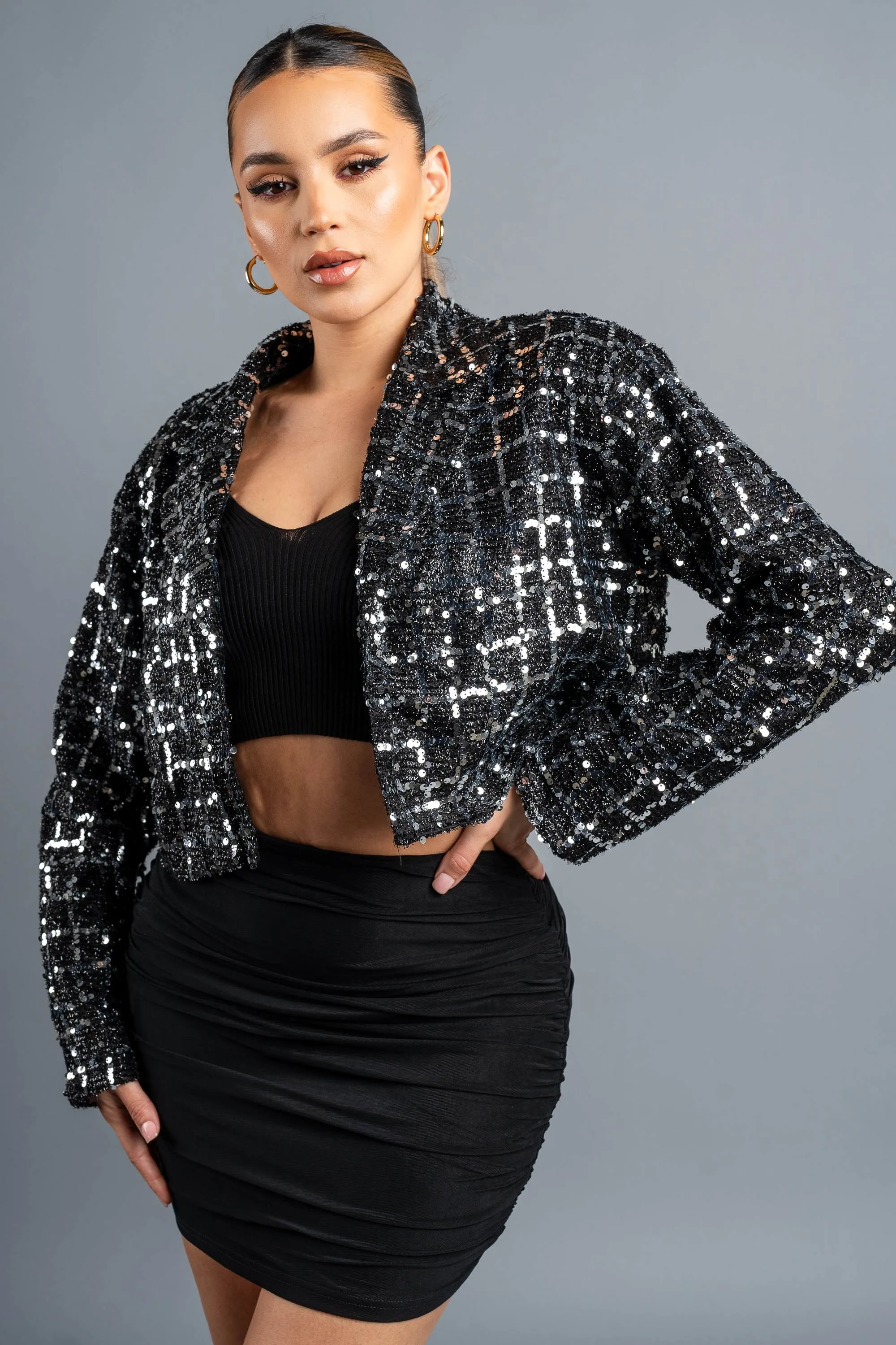 LUXE SEQUINS TWEED CROPPED BLAZER JACKET