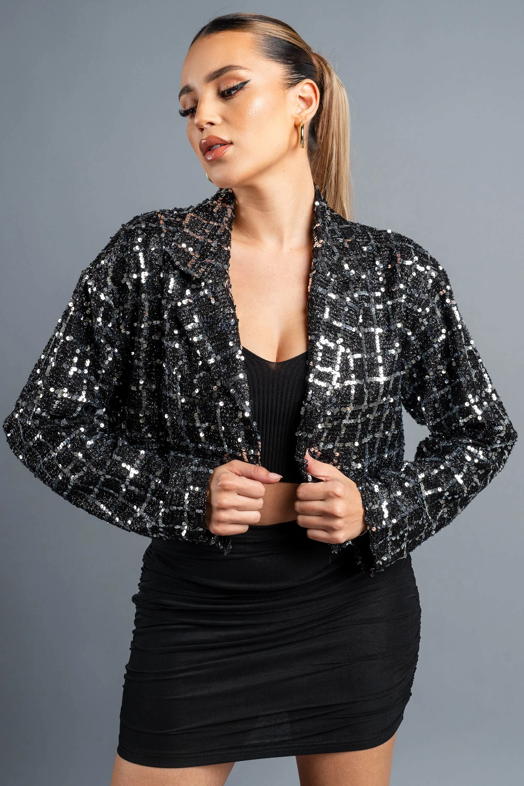 LUXE SEQUINS TWEED CROPPED BLAZER JACKET