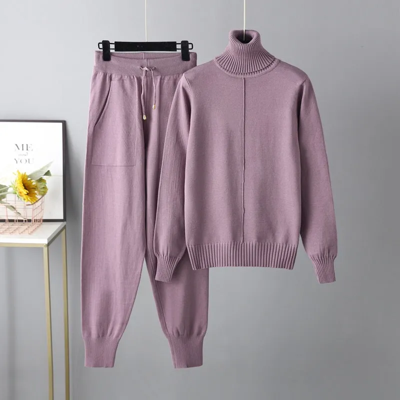 Magdalyn Frauen Winter warme Strick anzüge Mode solide Roll kragen pullover lange Harems hose Trainings anzüge Herbst lässig 2 Stück Pullover Set