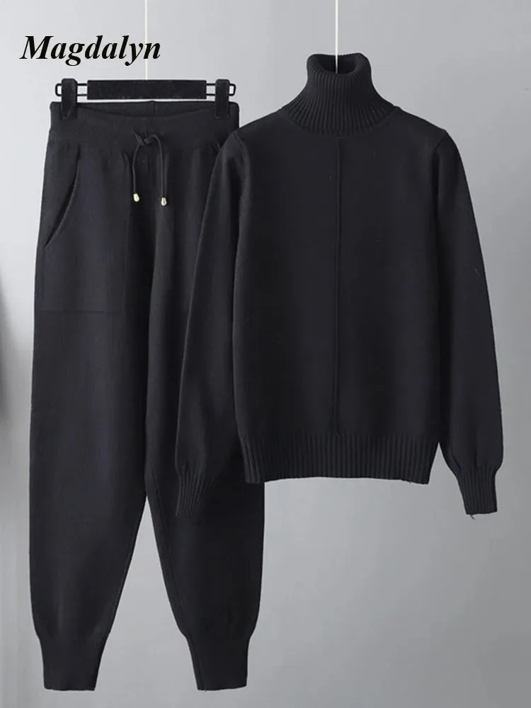 Magdalyn Frauen Winter warme Strick anzüge Mode solide Roll kragen pullover lange Harems hose Trainings anzüge Herbst lässig 2 Stück Pullover Set