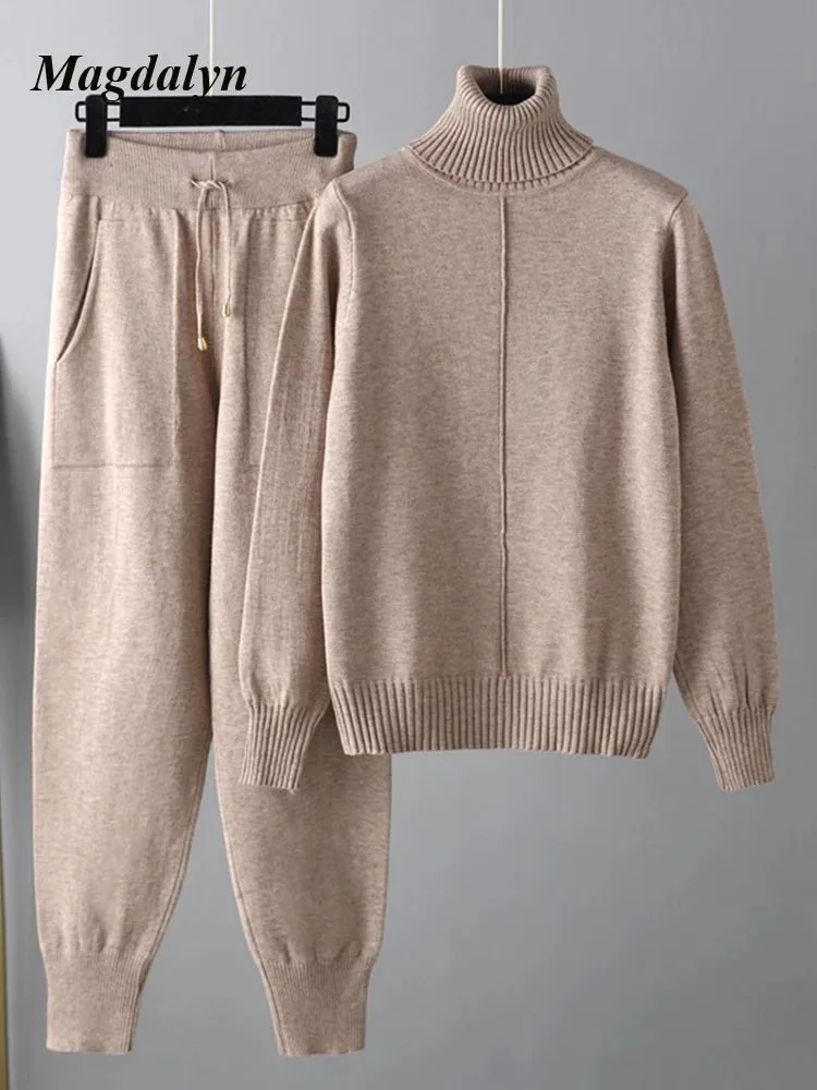 Magdalyn Frauen Winter warme Strick anzüge Mode solide Roll kragen pullover lange Harems hose Trainings anzüge Herbst lässig 2 Stück Pullover Set