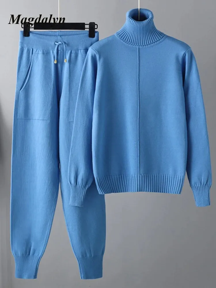 Magdalyn Frauen Winter warme Strick anzüge Mode solide Roll kragen pullover lange Harems hose Trainings anzüge Herbst lässig 2 Stück Pullover Set