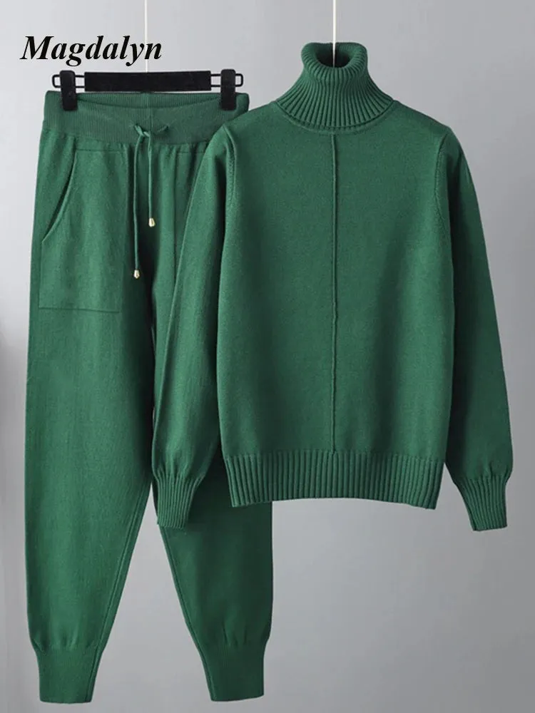 Magdalyn Frauen Winter warme Strick anzüge Mode solide Roll kragen pullover lange Harems hose Trainings anzüge Herbst lässig 2 Stück Pullover Set