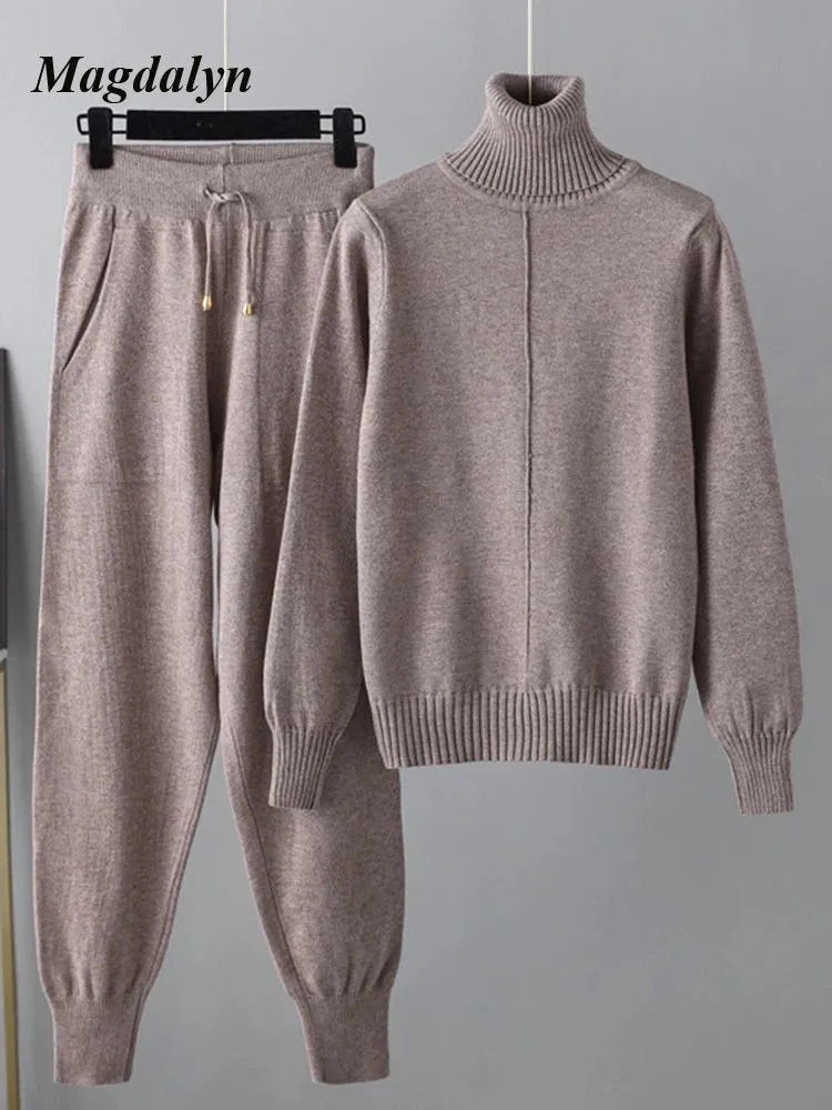 Magdalyn Frauen Winter warme Strick anzüge Mode solide Roll kragen pullover lange Harems hose Trainings anzüge Herbst lässig 2 Stück Pullover Set