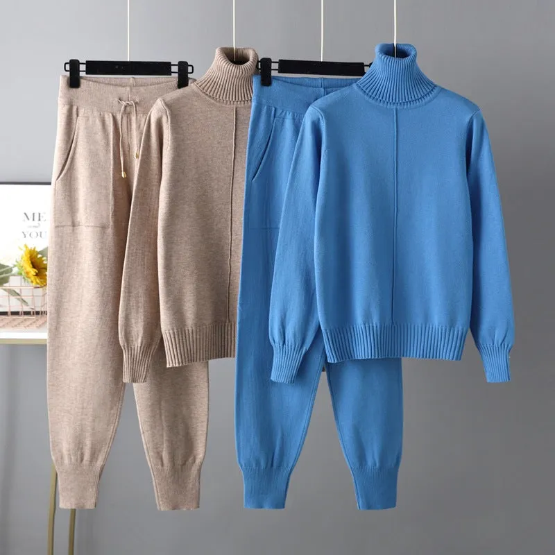 Magdalyn Frauen Winter warme Strick anzüge Mode solide Roll kragen pullover lange Harems hose Trainings anzüge Herbst lässig 2 Stück Pullover Set
