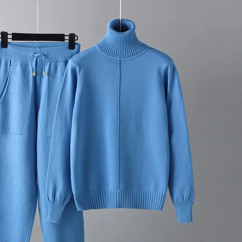 Magdalyn Frauen Winter warme Strick anzüge Mode solide Roll kragen pullover lange Harems hose Trainings anzüge Herbst lässig 2 Stück Pullover Set