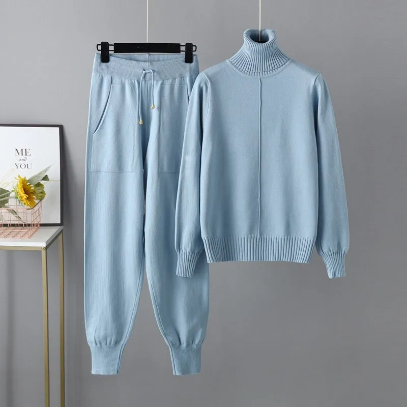 Magdalyn Frauen Winter warme Strick anzüge Mode solide Roll kragen pullover lange Harems hose Trainings anzüge Herbst lässig 2 Stück Pullover Set