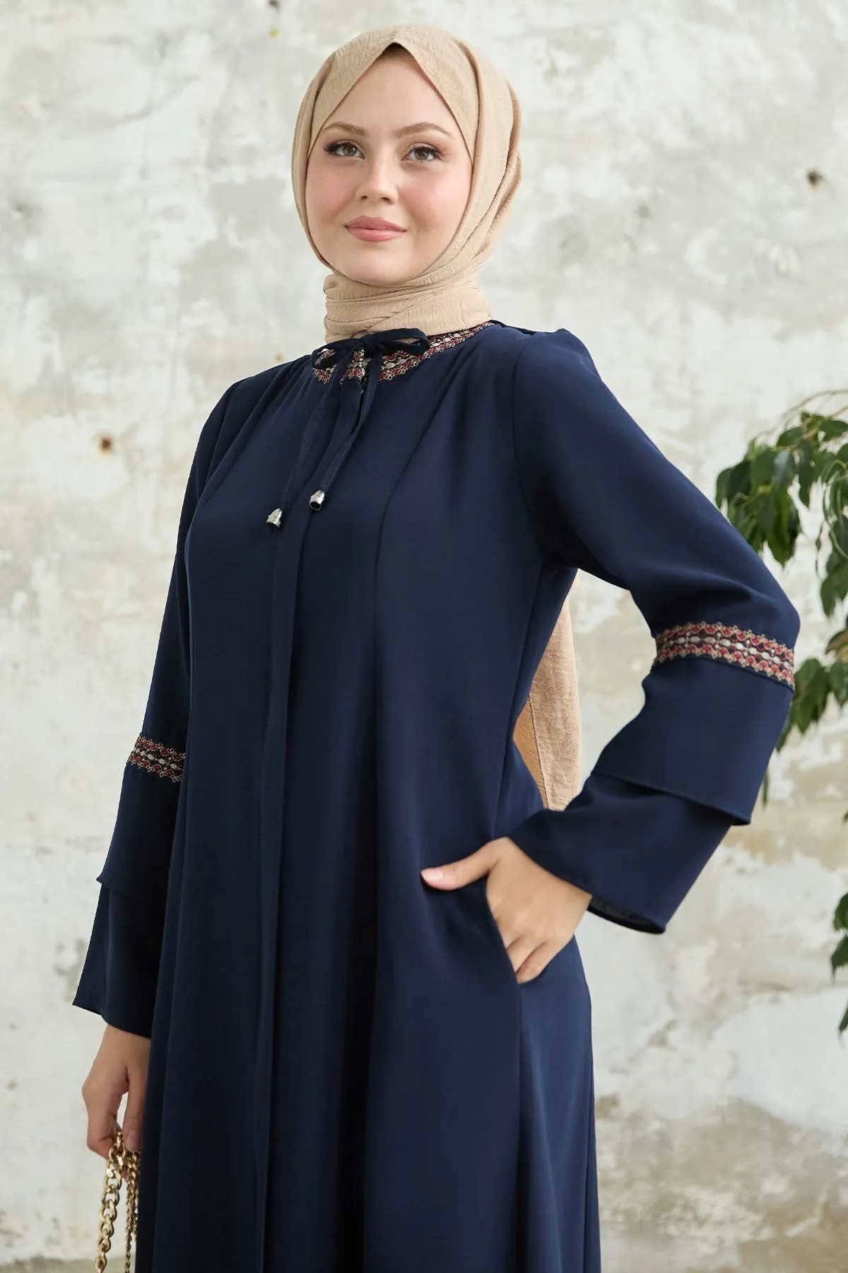 MDS Women Navy Overcoat with Lace Detail Embroidery - Santiago de Compostela