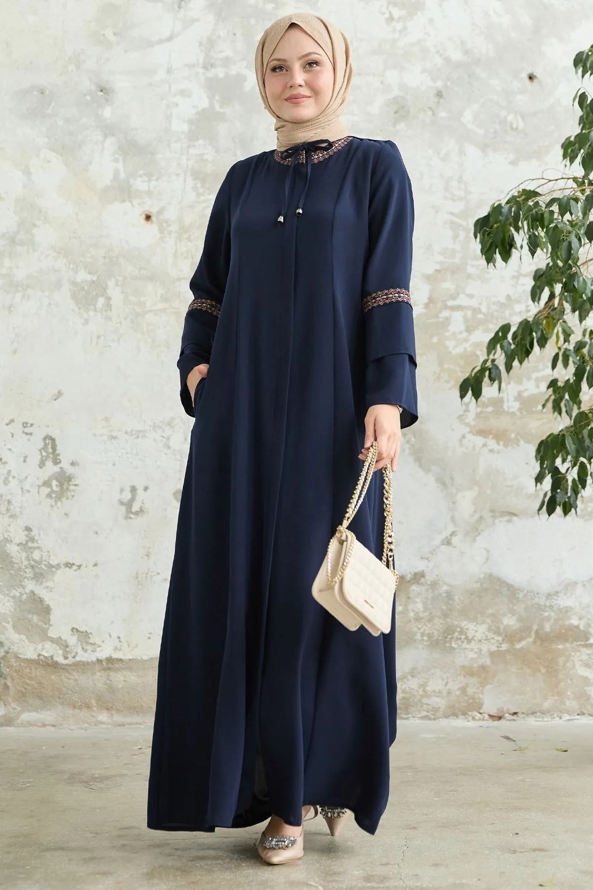 MDS Women Navy Overcoat with Lace Detail Embroidery - Santiago de Compostela