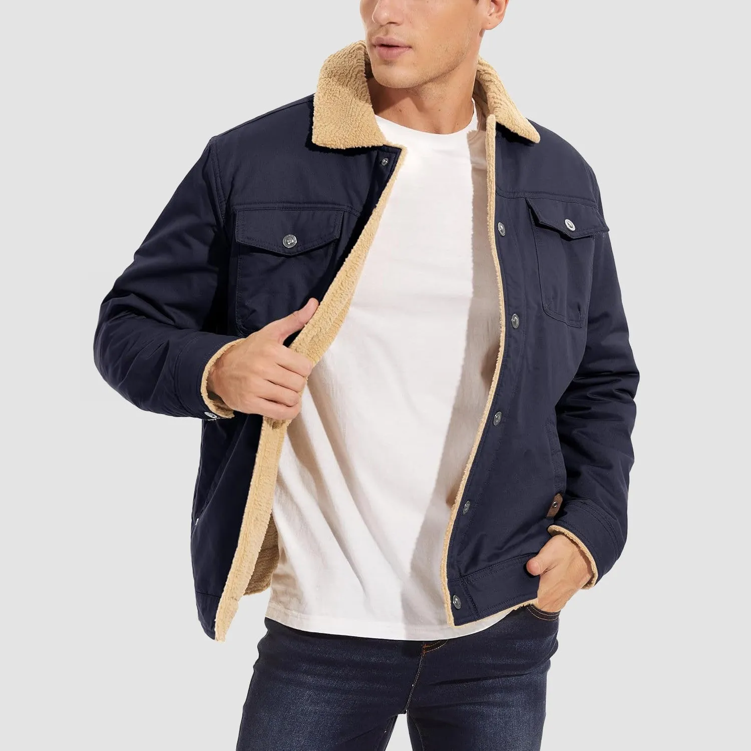 Men's Lined Sherpa Jacket - Warm Multi Pocket Trucker Coat