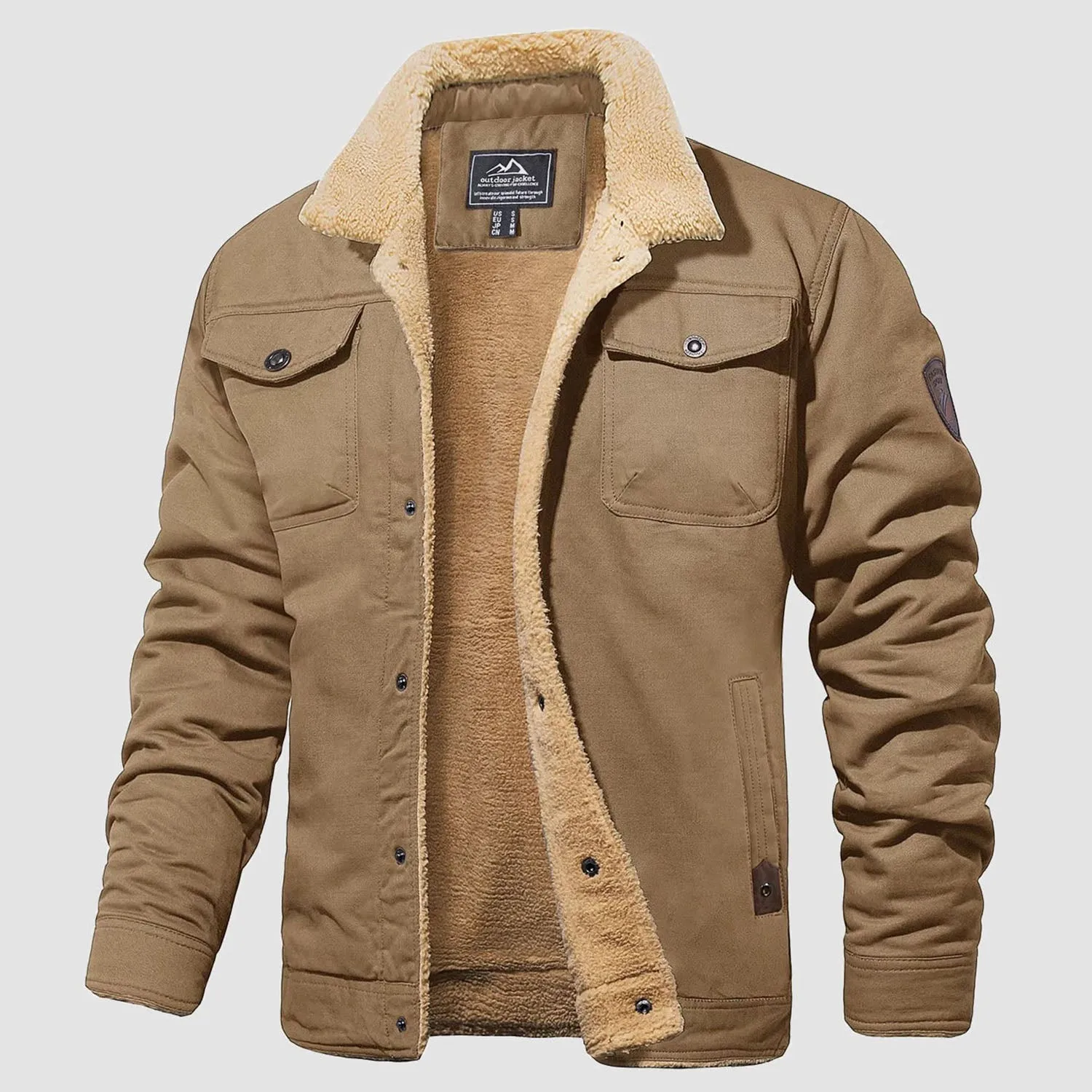Men's Lined Sherpa Jacket - Warm Multi Pocket Trucker Coat