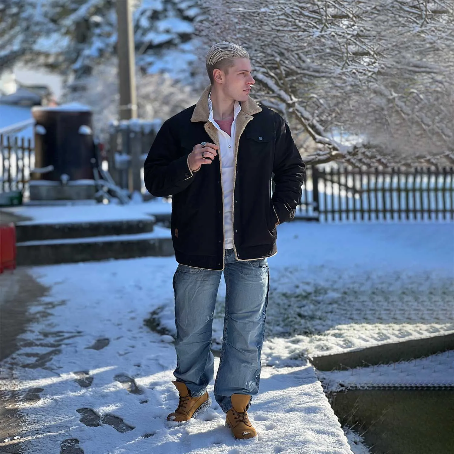 Men's Lined Sherpa Jacket - Warm Multi Pocket Trucker Coat