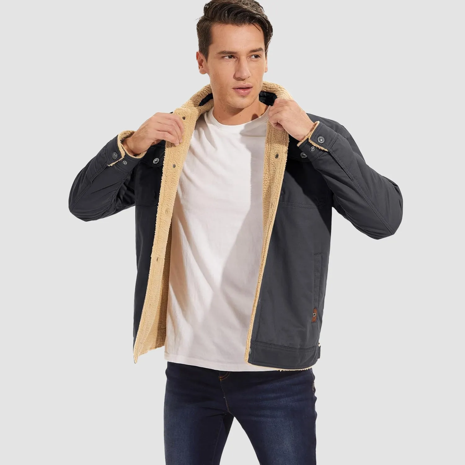 Men's Lined Sherpa Jacket - Warm Multi Pocket Trucker Coat