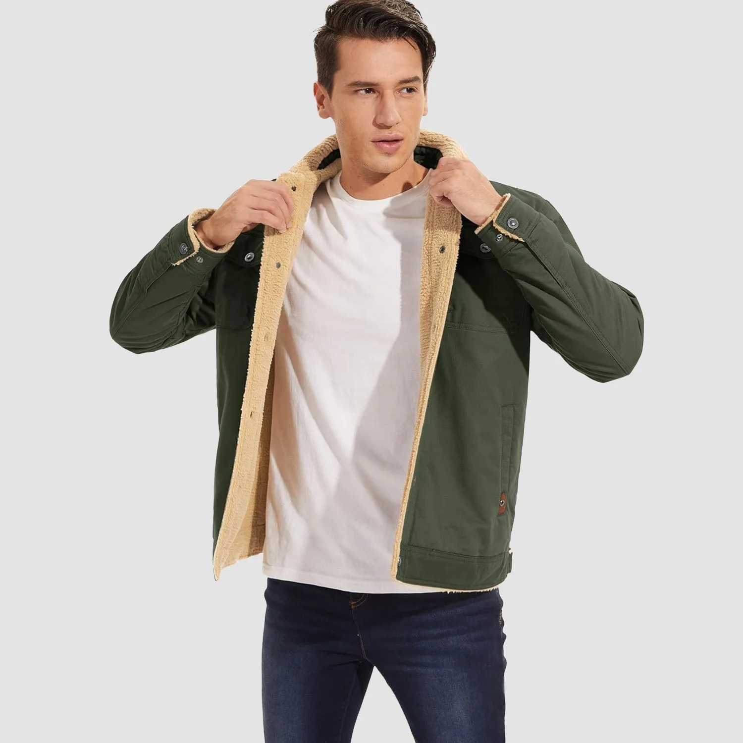 Men's Lined Sherpa Jacket - Warm Multi Pocket Trucker Coat