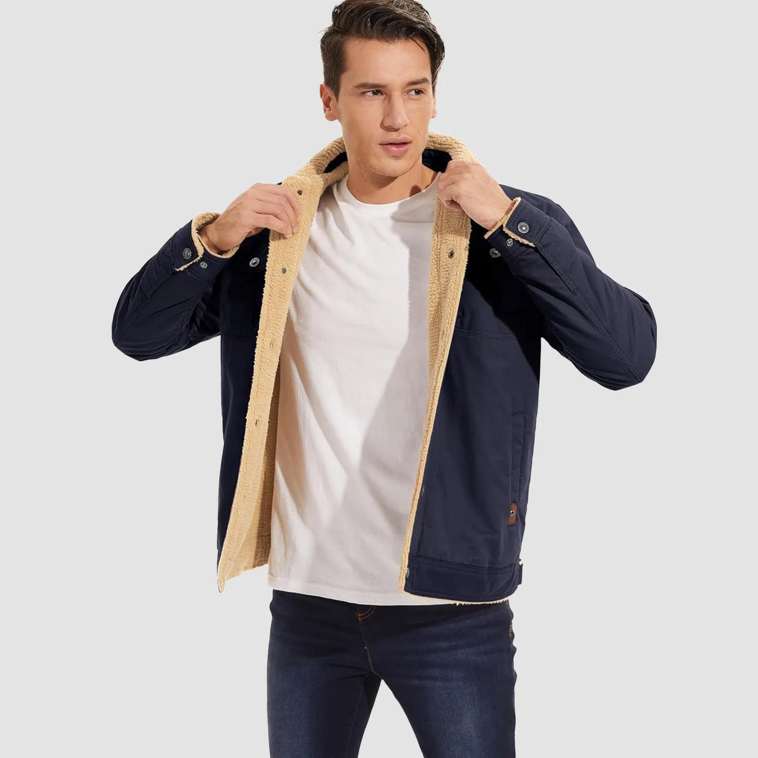 Men's Lined Sherpa Jacket - Warm Multi Pocket Trucker Coat