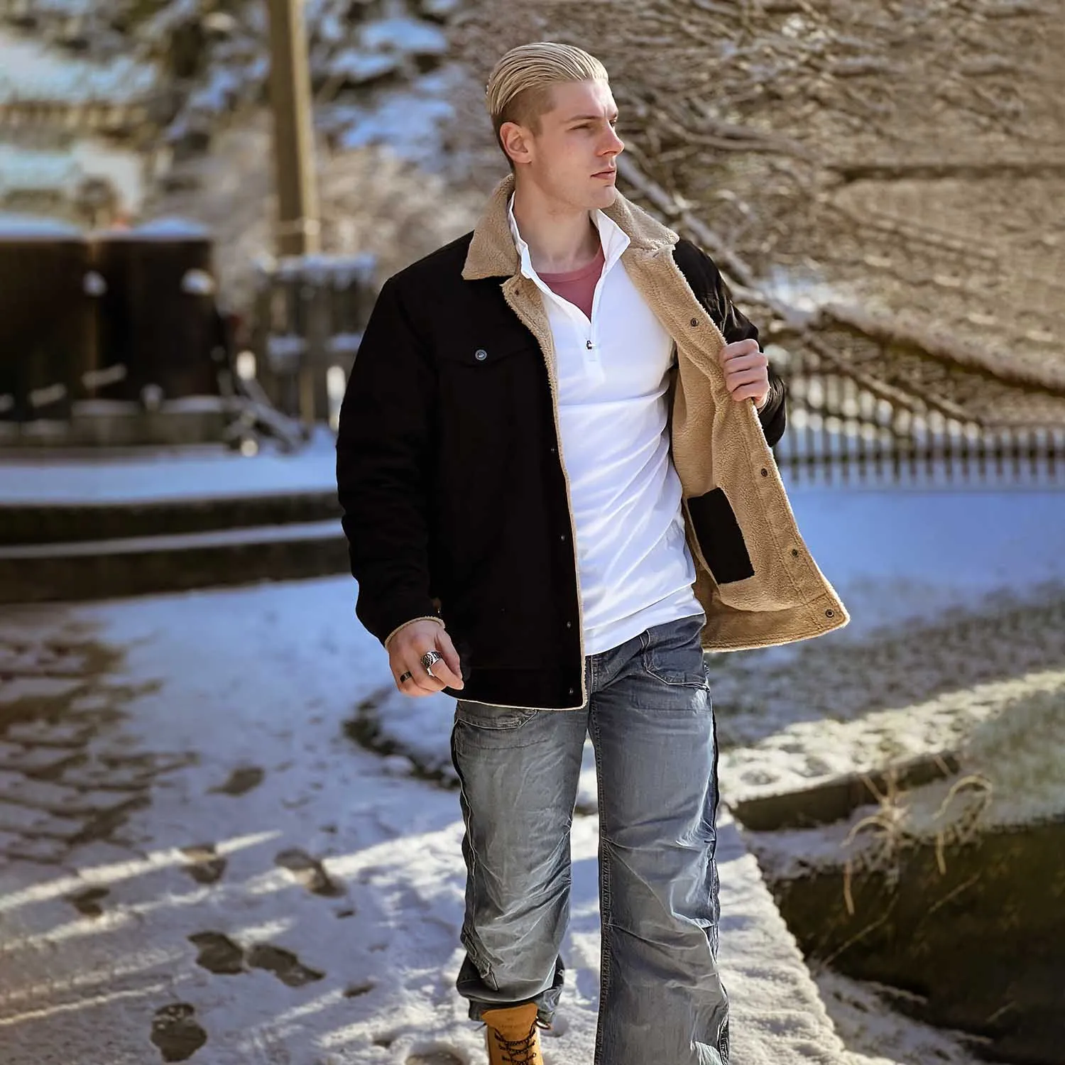 Men's Lined Sherpa Jacket - Warm Multi Pocket Trucker Coat