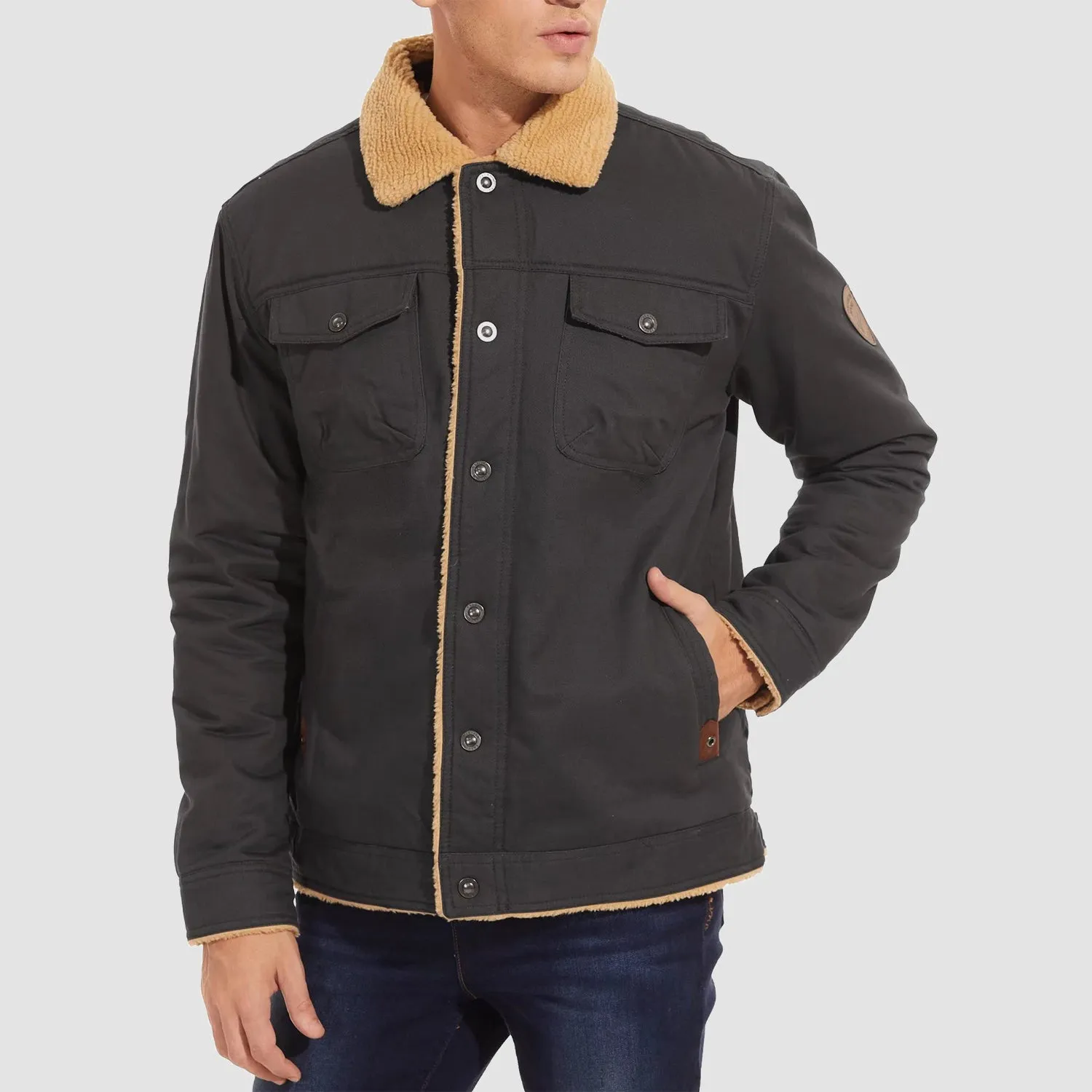 Men's Lined Sherpa Jacket - Warm Multi Pocket Trucker Coat