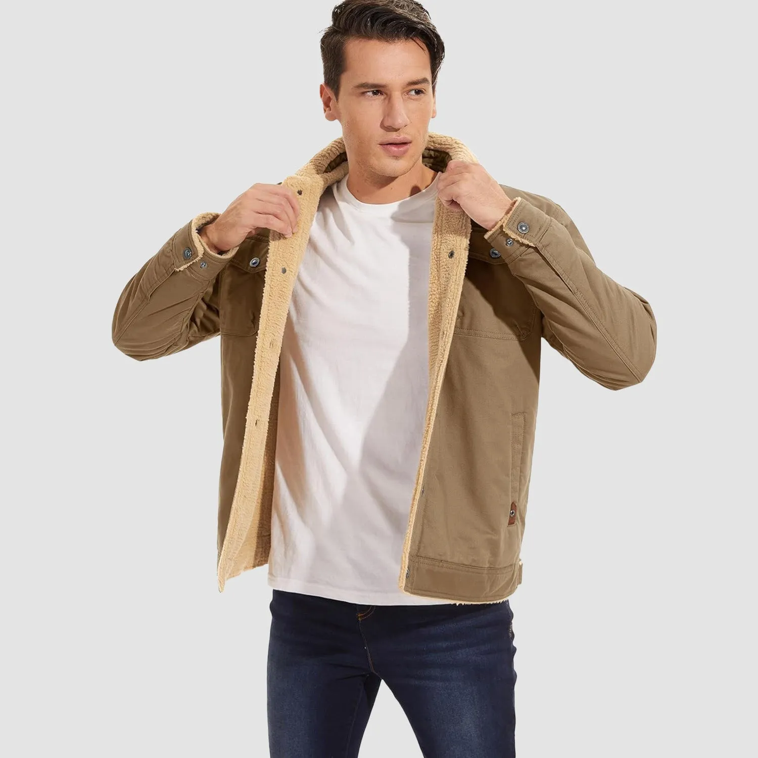 Men's Lined Sherpa Jacket - Warm Multi Pocket Trucker Coat