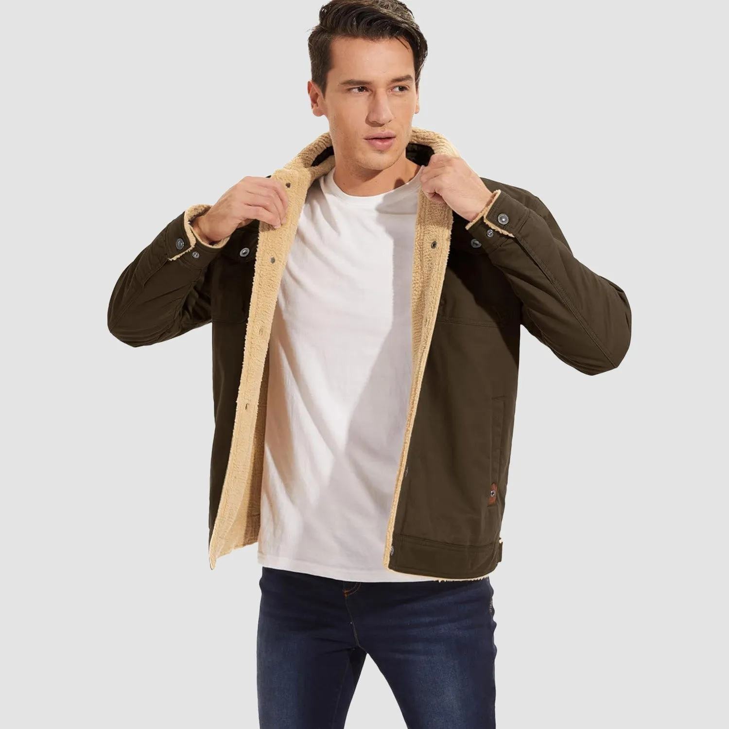 Men's Lined Sherpa Jacket - Warm Multi Pocket Trucker Coat