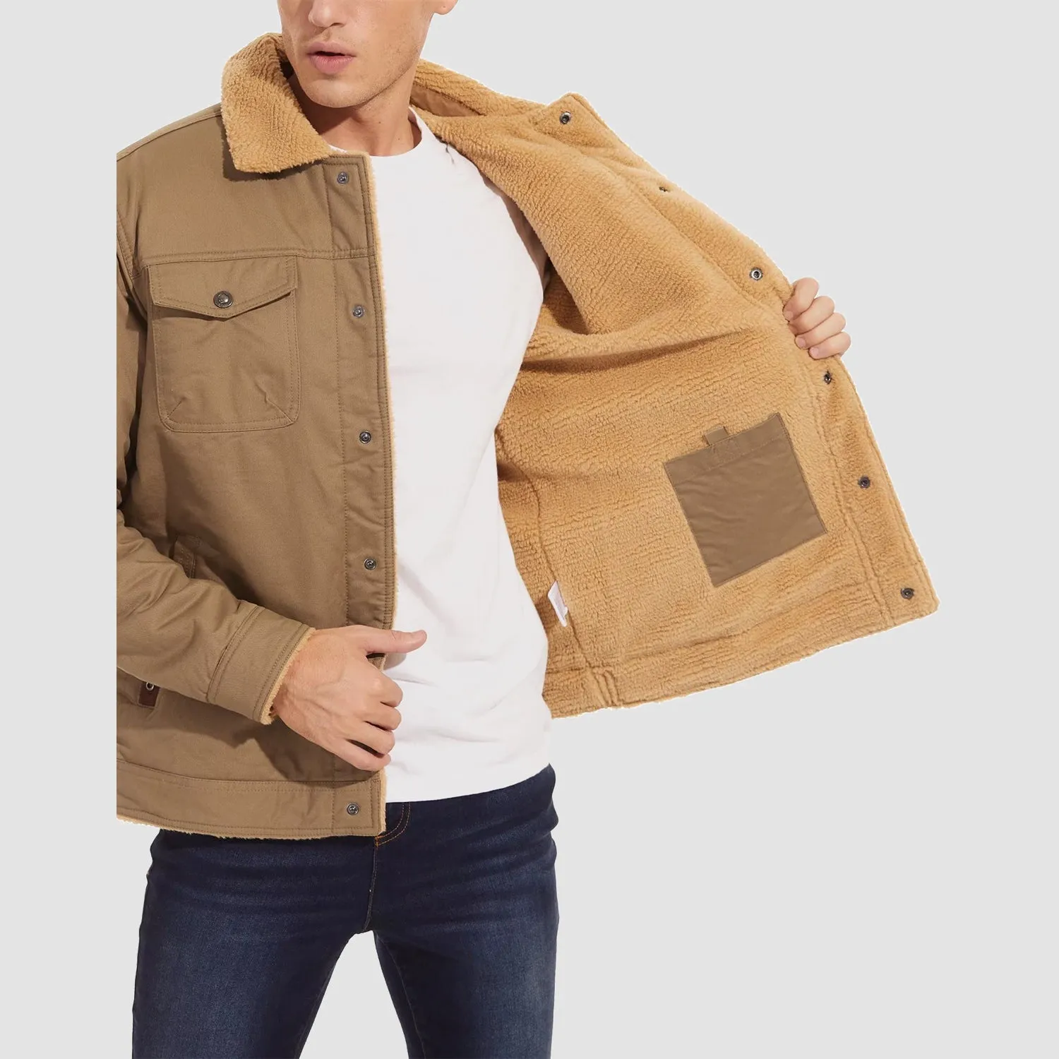 Men's Lined Sherpa Jacket - Warm Multi Pocket Trucker Coat