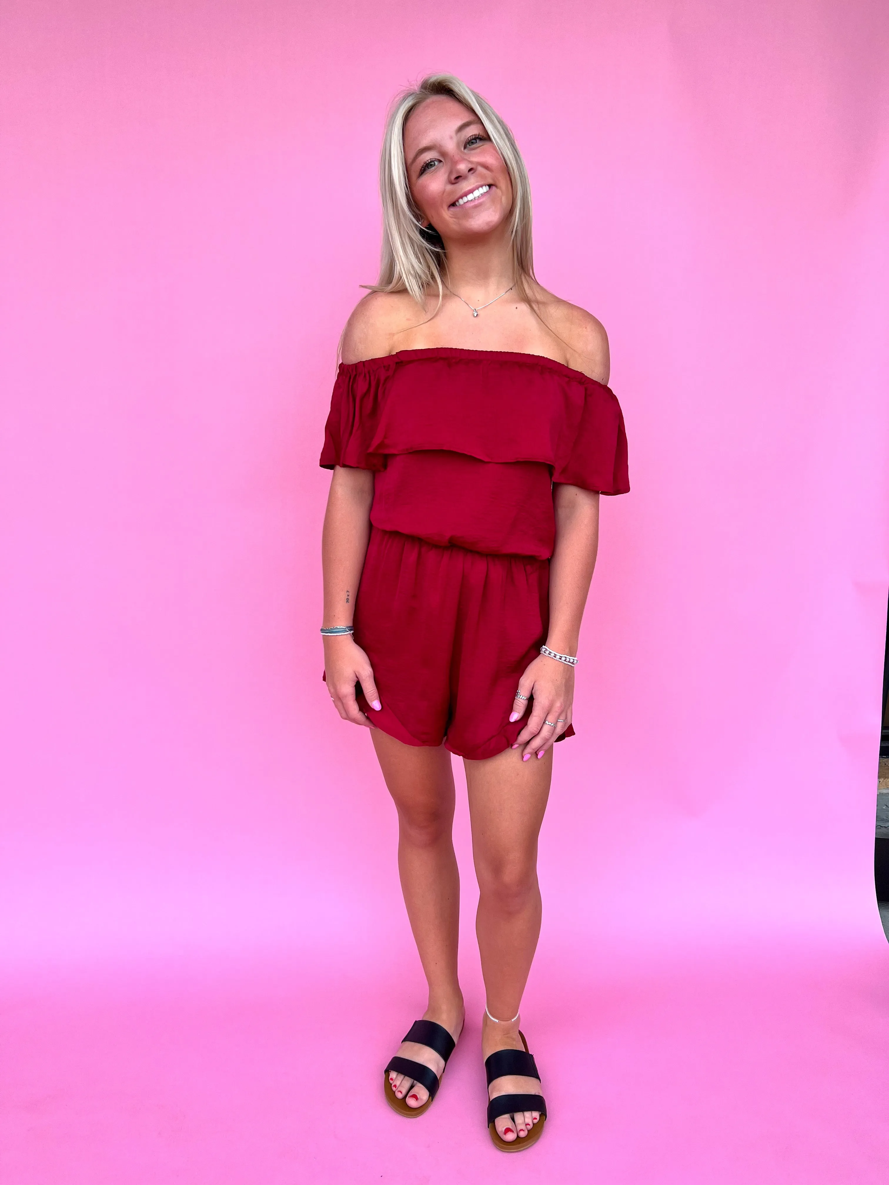Mila Off The Shoulder Satin Romper