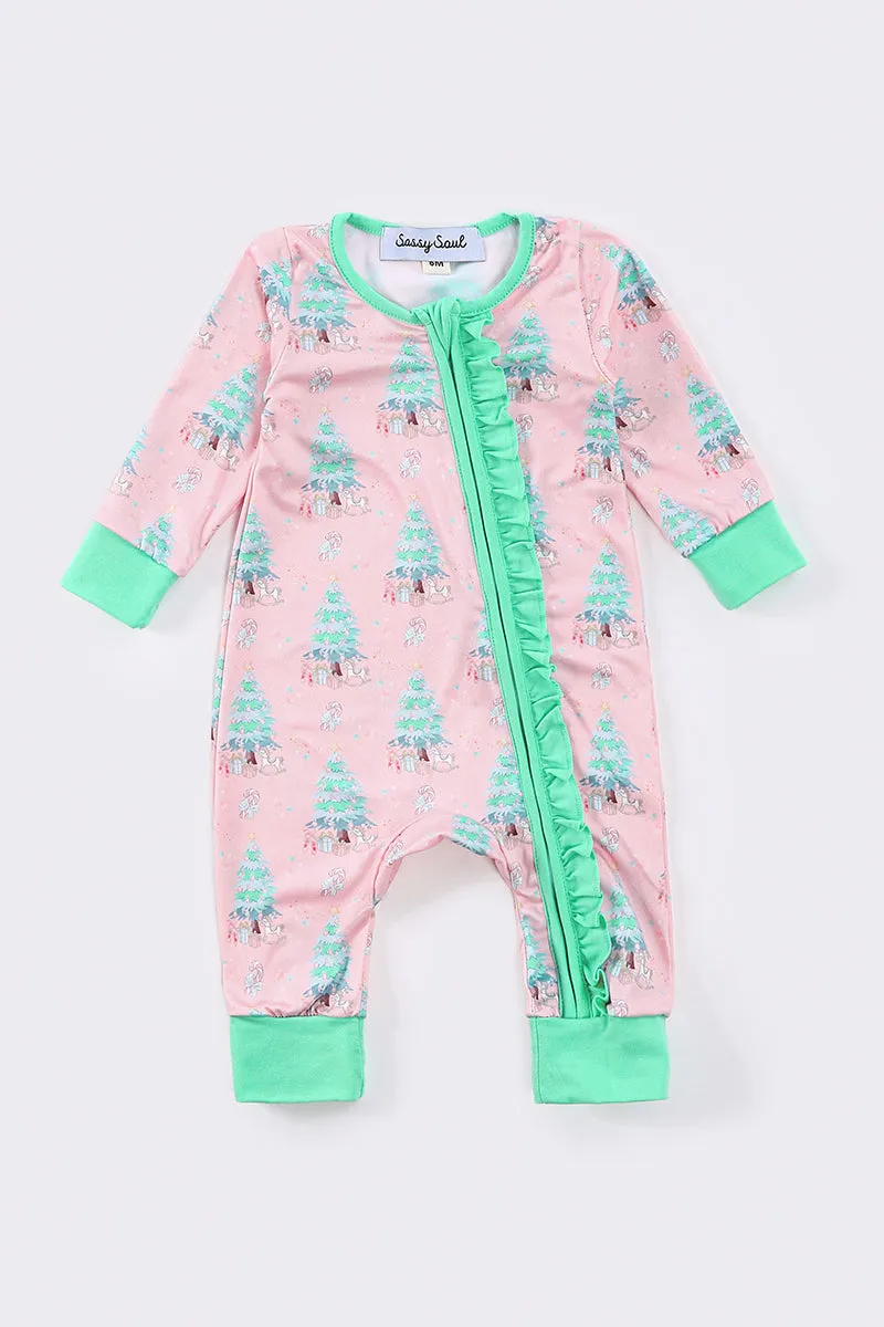 Pink Christmas Tree Print Girl Romper