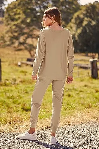 PRETTYGARDEN Women's 2023 Fall Fashion Outfits 2 Piece Sweatsuit Solid Color Long Sleeve Pullover Long Pants (Grey Blue,X-Large)
