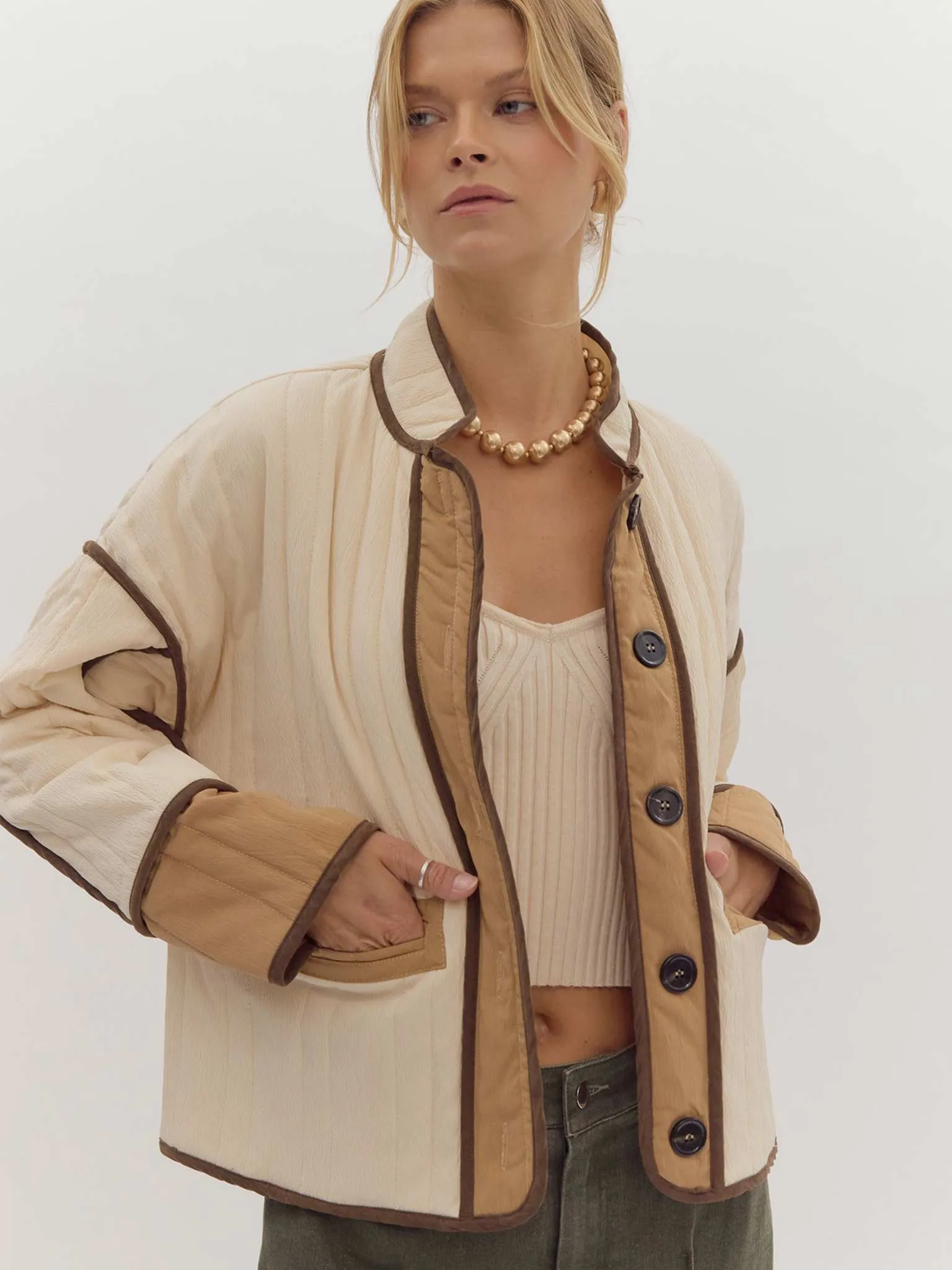 Quilted Cropped Jacket with Contrast Trim
