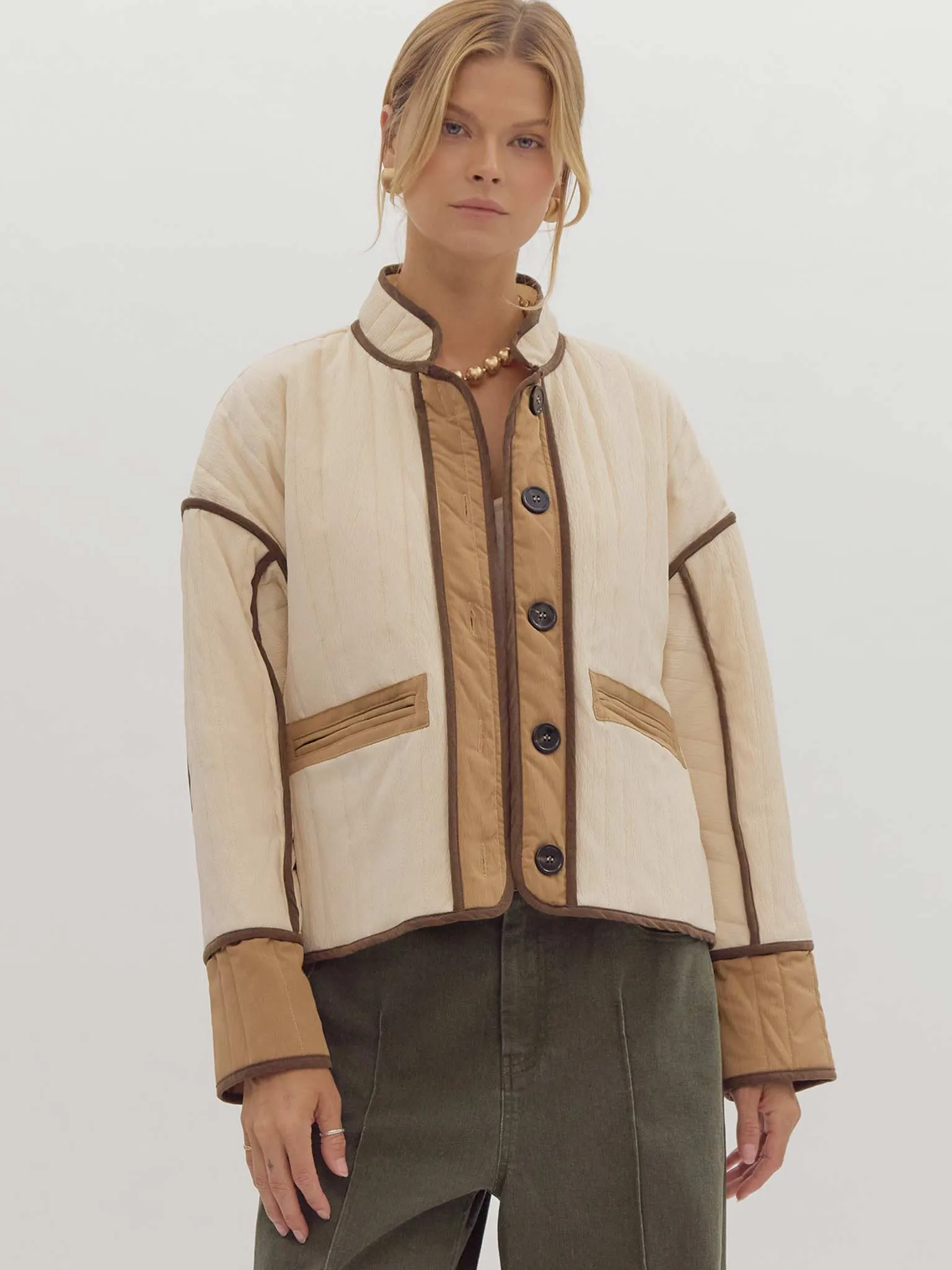 Quilted Cropped Jacket with Contrast Trim