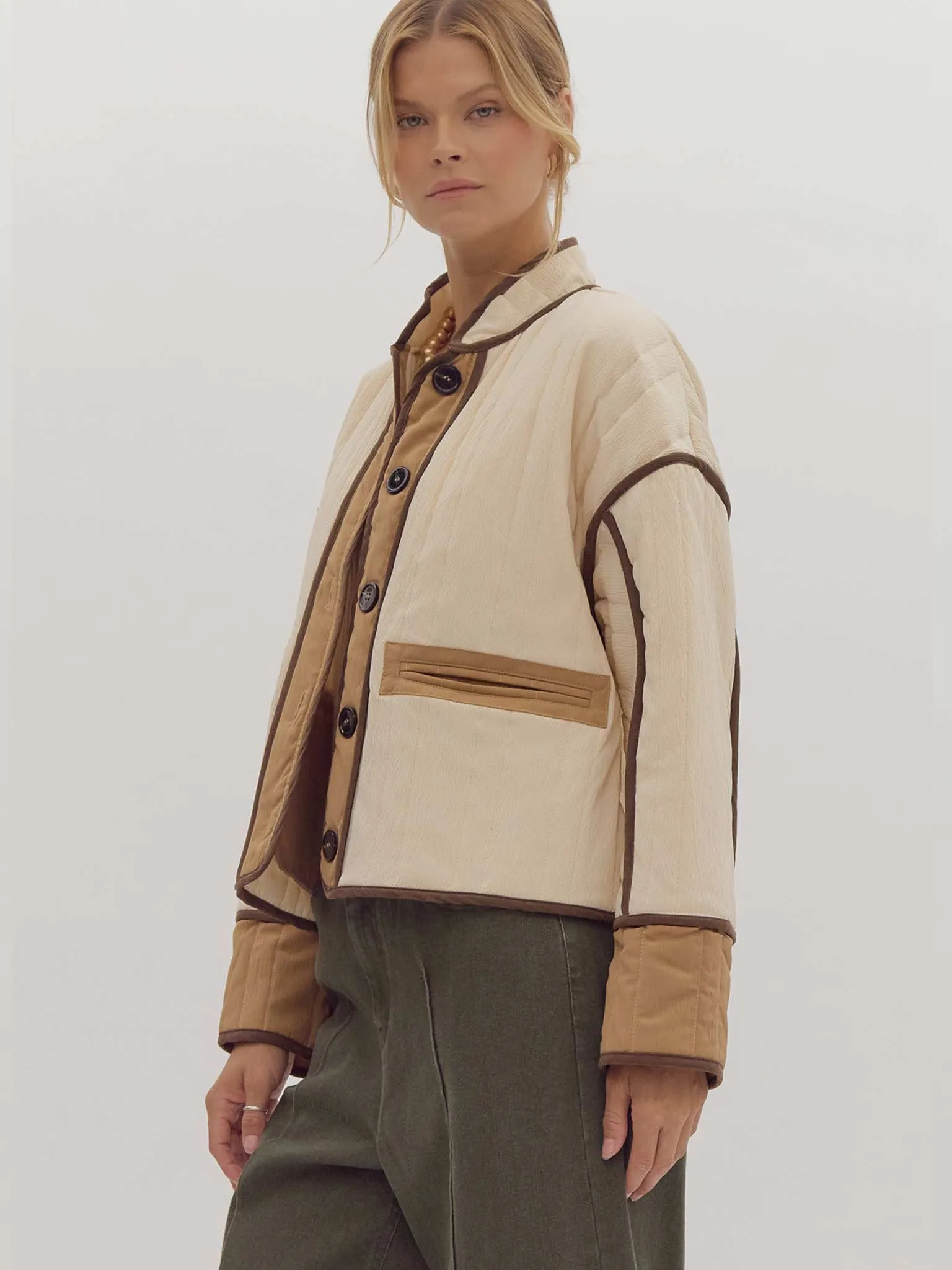 Quilted Cropped Jacket with Contrast Trim