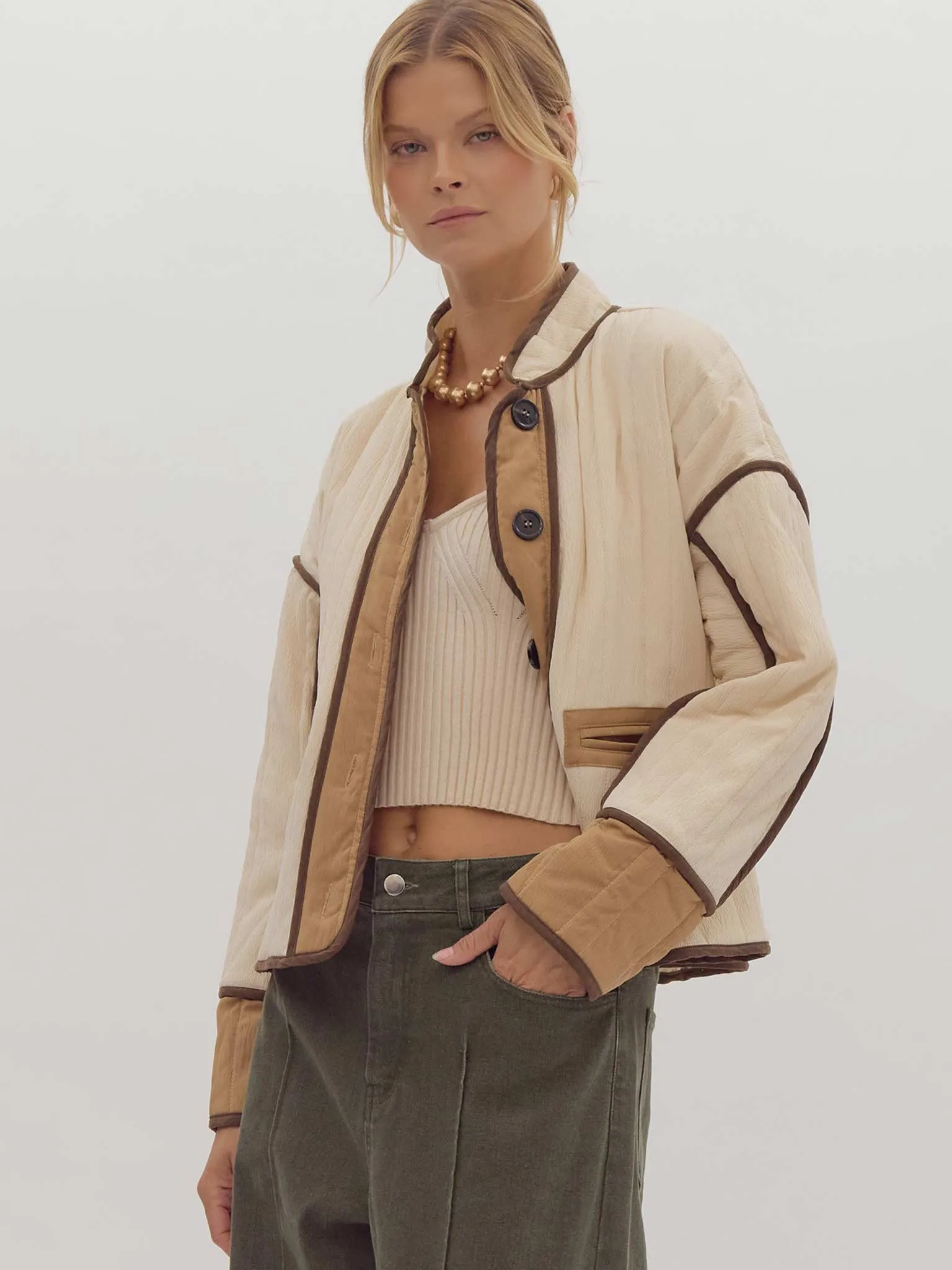 Quilted Cropped Jacket with Contrast Trim