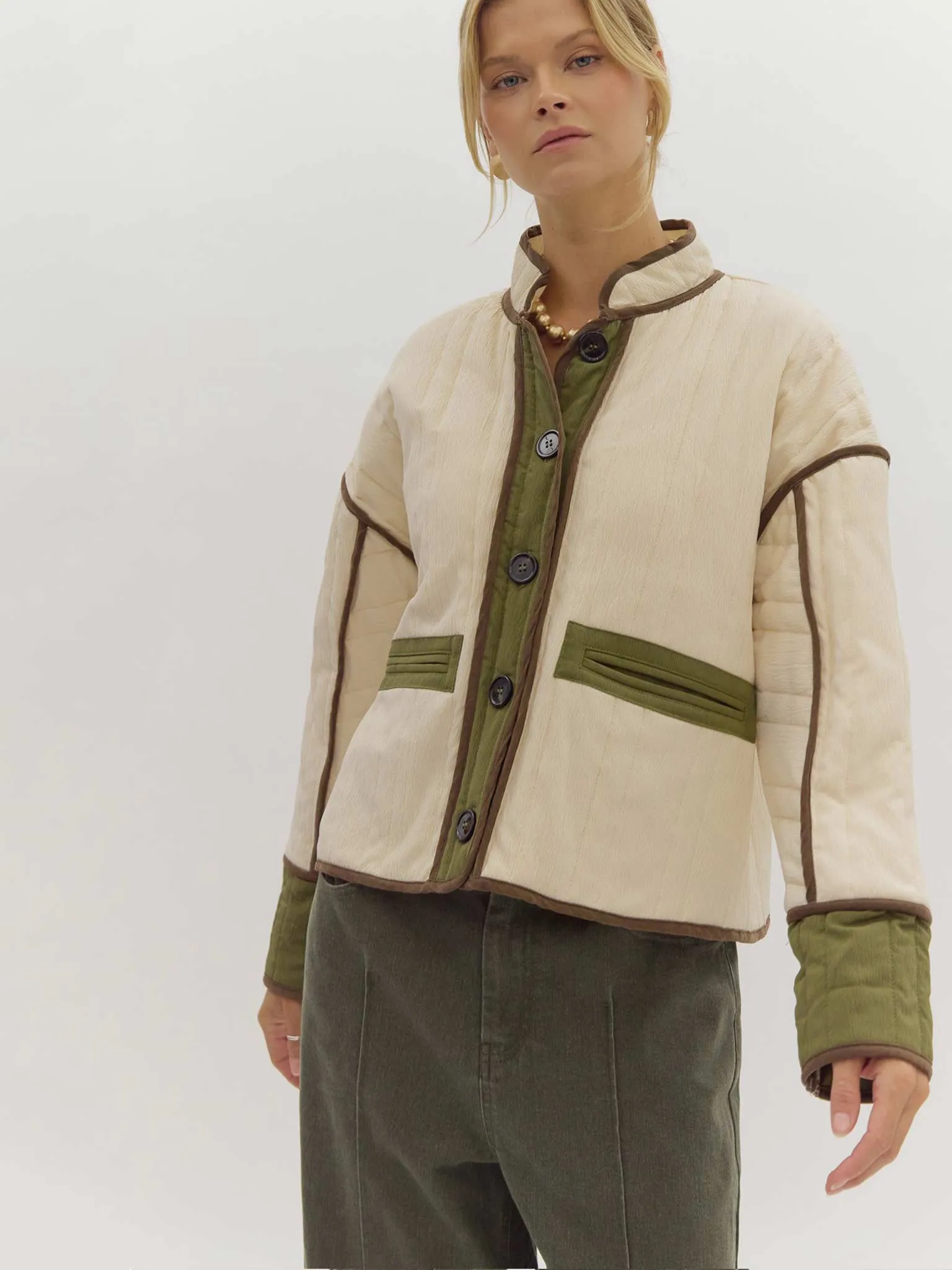 Quilted Cropped Jacket with Contrast Trim
