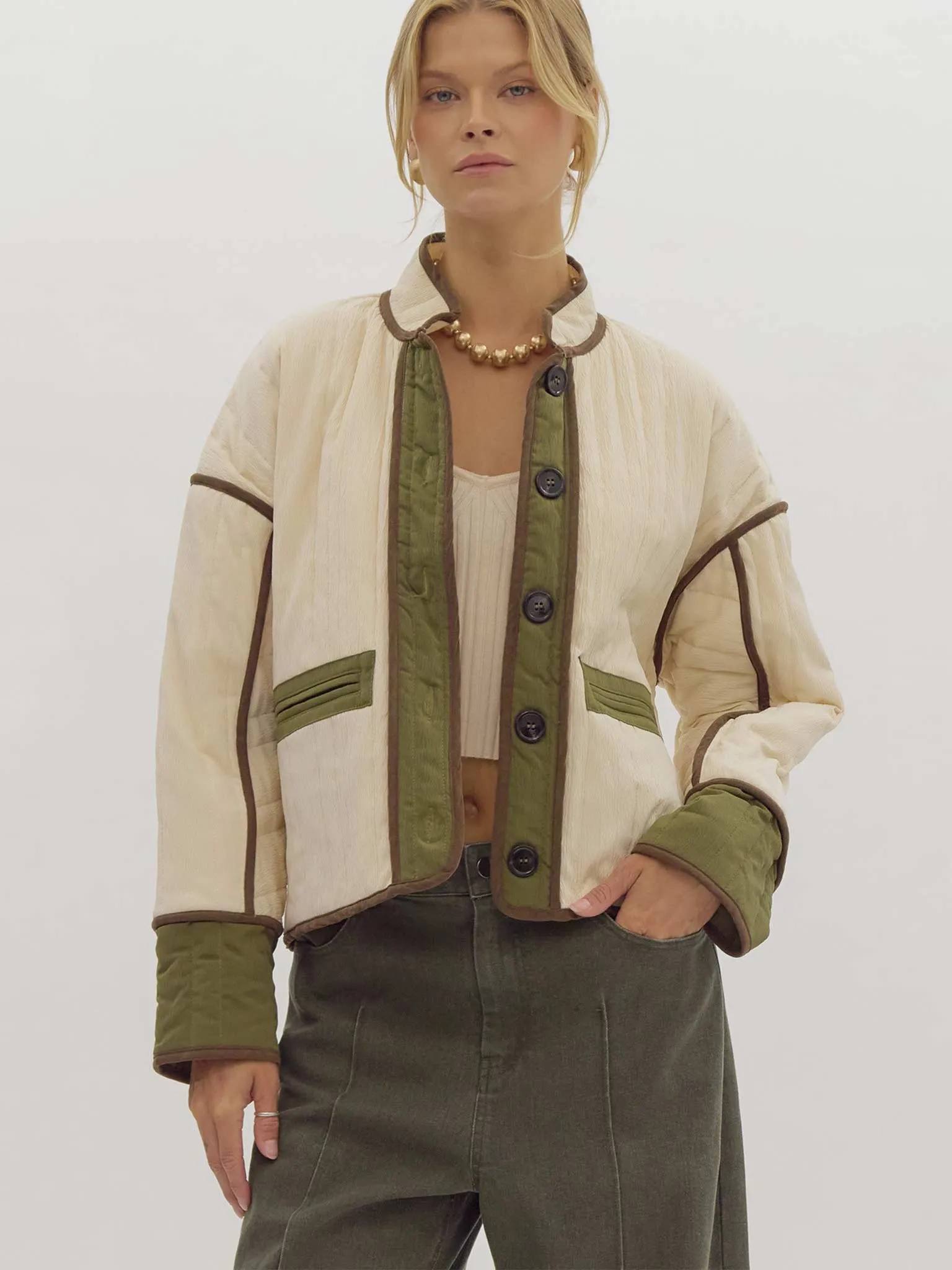Quilted Cropped Jacket with Contrast Trim