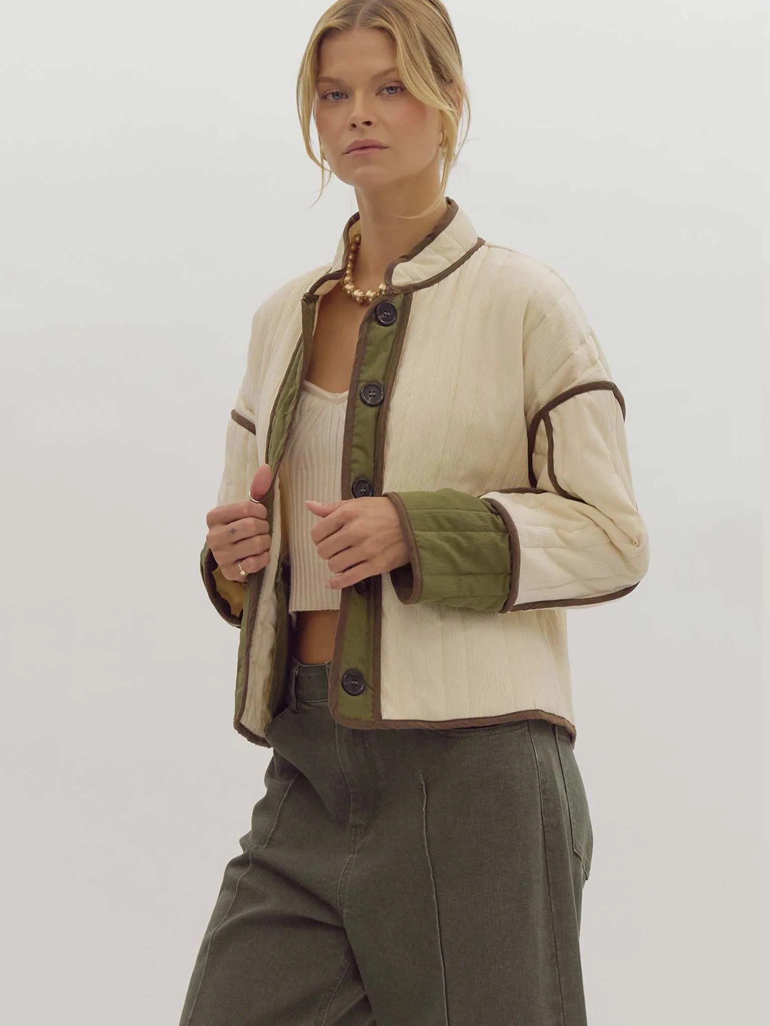 Quilted Cropped Jacket with Contrast Trim