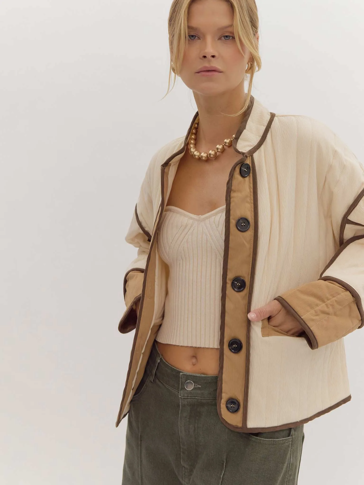 Quilted Cropped Jacket with Contrast Trim