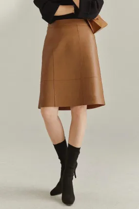 Real Leather High-Waist Knee-Length A-Line Midi Skirt
