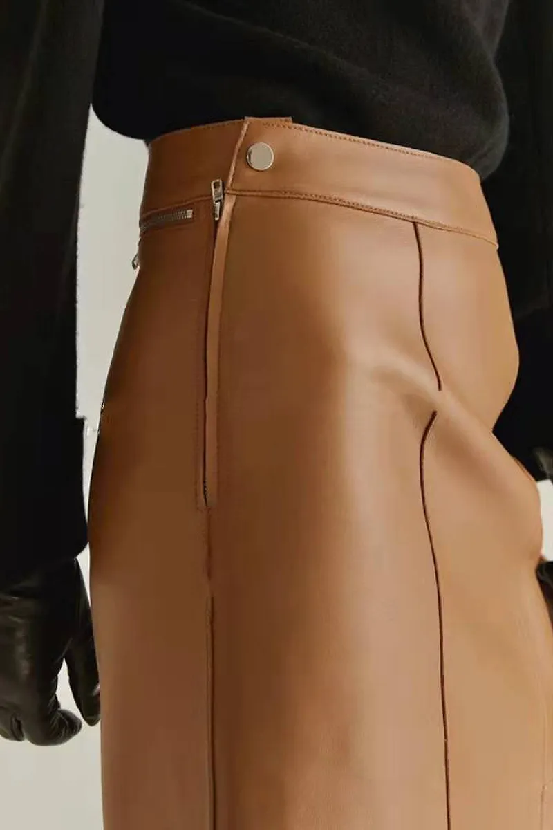 Real Leather High-Waist Knee-Length A-Line Midi Skirt