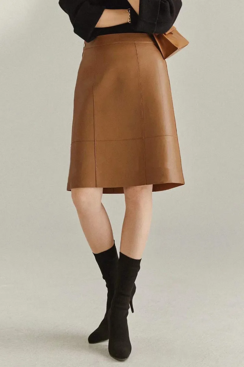 Real Leather High-Waist Knee-Length A-Line Midi Skirt